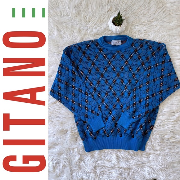 EUC vintage GITANO Sportswear 1990s cotton crewneck dad sweater, blue w/ pattern - Picture 9 of 14